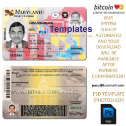 maryland driver license template, editable in  photoshop. psd fake template, pay by bitcoin, paypal or card