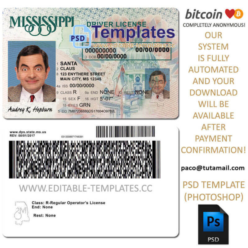 mississippi driver license template, editable in  photoshop. psd fake template, pay by bitcoin, paypal or card