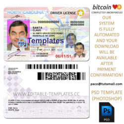 north carolina driver license template, editable in  photoshop. psd fake template, pay by bitcoin, paypal or card