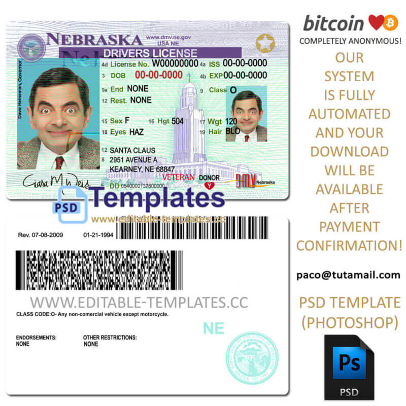 nebraska driver license template, editable in  photoshop. psd fake template, pay by bitcoin, paypal or card