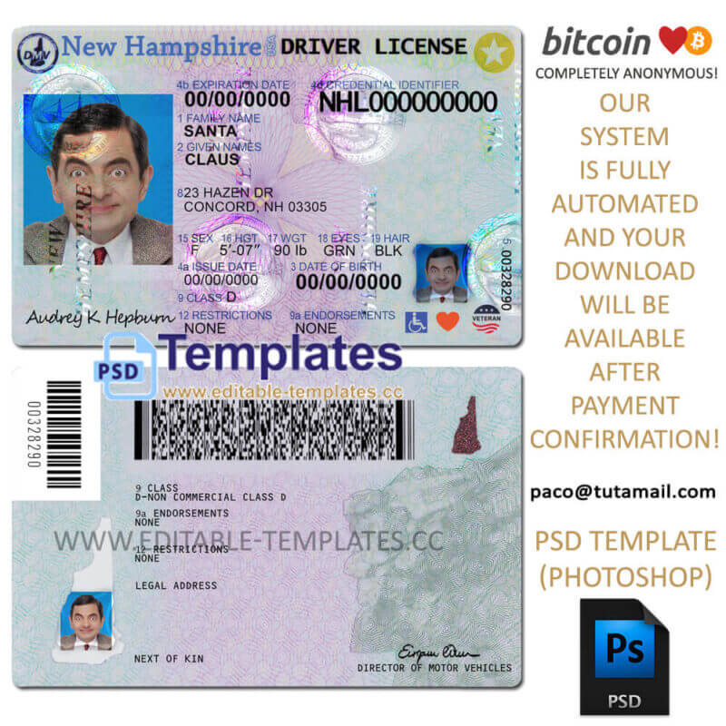 new hampshire driver license template, editable in  photoshop. psd fake template, pay by bitcoin, paypal or card