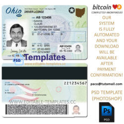 ohio driver license template, editable in  photoshop. psd fake template, pay by bitcoin, paypal or card