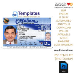 oklahoma driver license template, editable in photoshop. psd fake template, pay by bitcoin, paypal or card