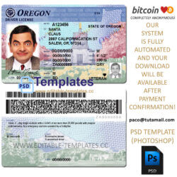 oregon driver license template, editable in  photoshop. psd fake template, pay by bitcoin, paypal or card