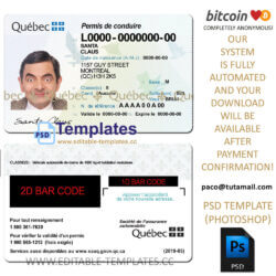 quebec, canada driver licence template, editable in  photoshop. psd fake template, pay by bitcoin, paypal or card