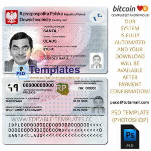 poland id template, editable in  photoshop. psd fake template, pay by bitcoin, paypal or card