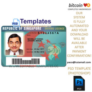 singapore driver licence template, editable in photoshop. psd fake template, pay by bitcoin, paypal or card