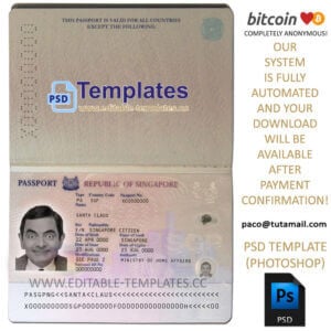 singapore passport template, editable in photoshop. psd fake template, pay by bitcoin, paypal or card