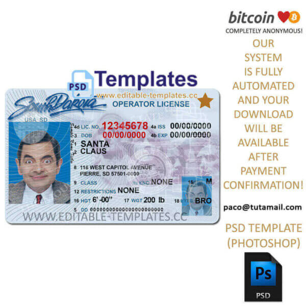 south dakota usa us driving licence dl id bill passport editable template psd 1 south dakota driver license template, editable in photoshop. psd fake template, pay by bitcoin, paypal or card