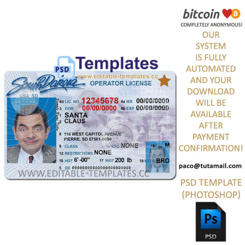 south dakota driver license template, editable in  photoshop. psd fake template, pay by bitcoin, paypal or card