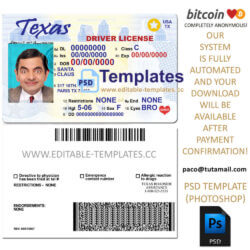 texas driver license template, editable in  photoshop. psd fake template, pay by bitcoin, paypal or card