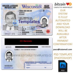 wisconsin driver license template, editable in  photoshop. psd fake template, pay by bitcoin, paypal or card
