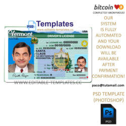 vermont driver license template, editable in photoshop. psd fake template, pay by bitcoin, paypal or card