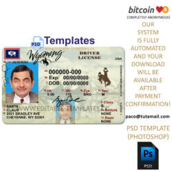 wyoming driver license template, editable in photoshop. psd fake template, pay by bitcoin, paypal or card