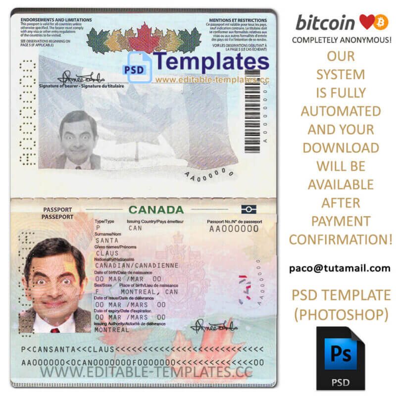 canada passport template,editable in photoshop.psd fake template,pay by bitcoin,paypal or card