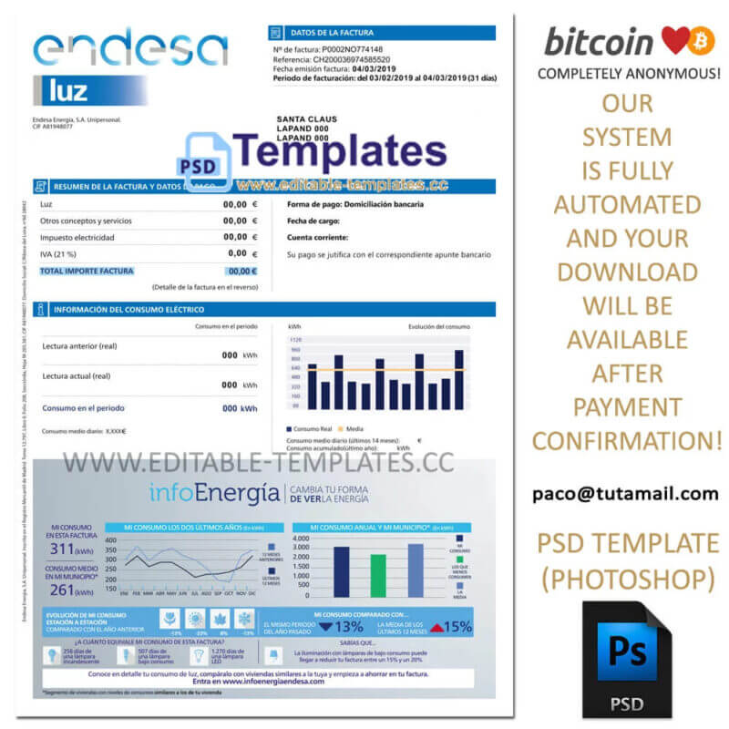 endesa luz electricity bill template, editable in photoshop. psd fake template, pay by bitcoin, paypal or card