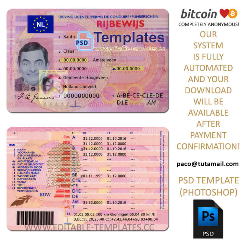 holland, netherland driver licence template, editable in  photoshop. psd fake template, pay by bitcoin, paypal or card