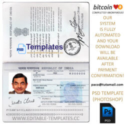 india passport template, editable in  photoshop. psd fake template, pay by bitcoin, paypal or card