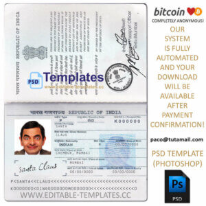 india passport template, editable in  photoshop. psd fake template, pay by bitcoin, paypal or card