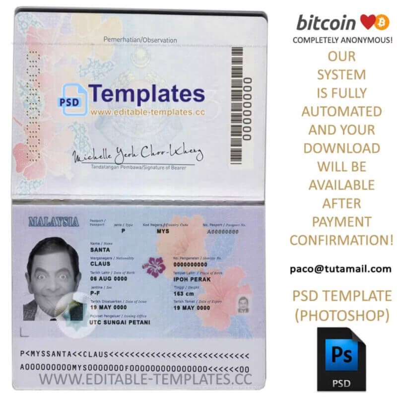 malaysia passport template, editable in  photoshop. psd fake template, pay by bitcoin, paypal or card