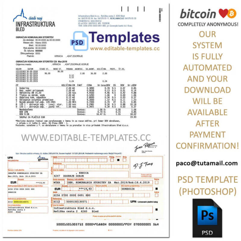slovenia bill template, editable in photoshop. psd fake template, pay by bitcoin, paypal or card