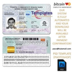 turkish id template, editable in  photoshop. psd fake template, pay by bitcoin, paypal or card