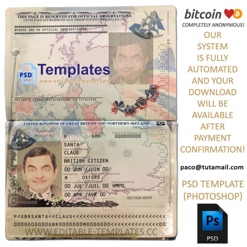 uk passport new version template, editable in  photoshop. psd fake template, pay by bitcoin, paypal or card