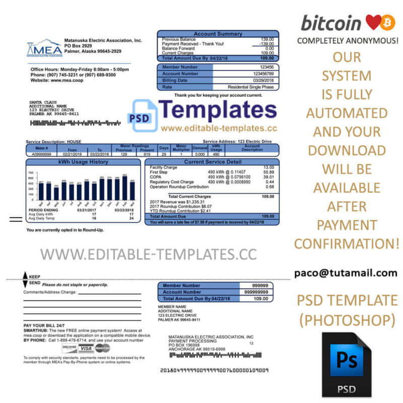 alaska, mea electricty bill template, editable in  photoshop. psd fake template, pay by bitcoin, paypal or card