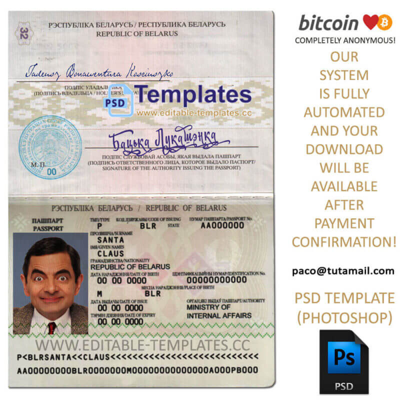 belarus passport template,editable in photoshop.psd fake template,pay by bitcoin,paypal or card