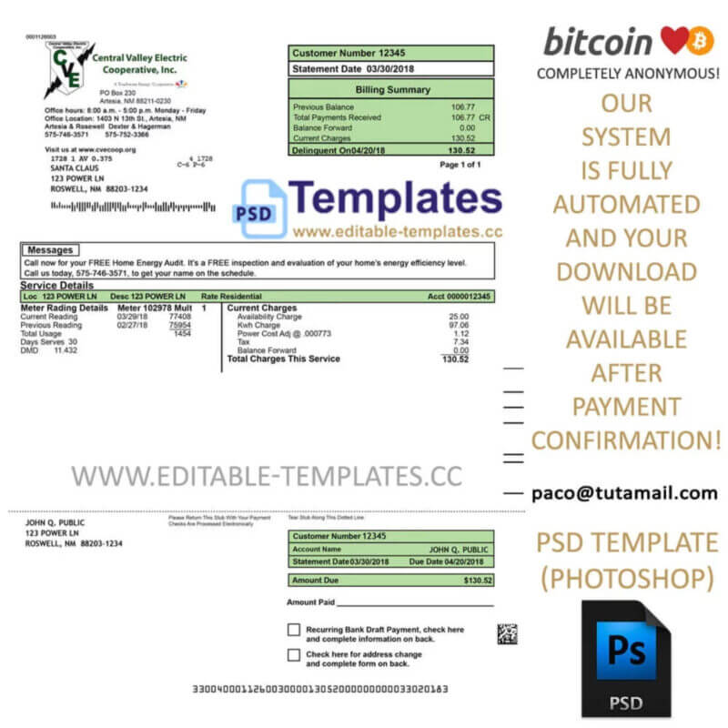 new mexico, central-valley, electric bill template, editable in  photoshop. psd fake template, pay by bitcoin, paypal or card