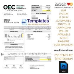 oklahoma, electric cooperative bill template, editable in photoshop. psd fake template, pay by bitcoin, paypal or card