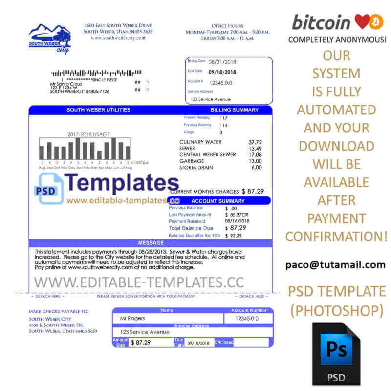 south weber utah bill template, editable in photoshop. psd fake template, pay by bitcoin, paypal or card