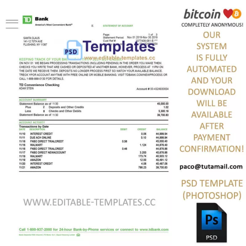 TD bank Statement Template | Editable-Templates