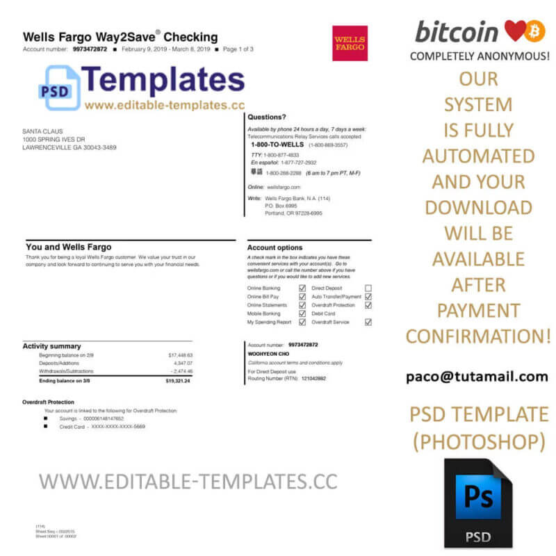 wells fargo statement template, editable in photoshop. psd fake template, pay by bitcoin, paypal or card