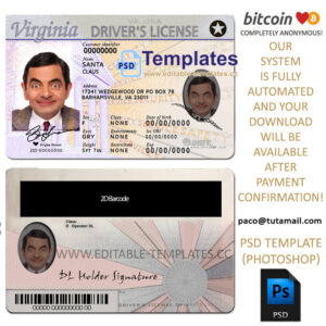 virginia driver license template, editable in  photoshop. psd fake template, pay by bitcoin, paypal or card