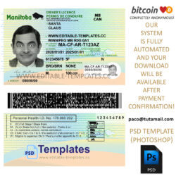 manitoba, canada, canadian driver license template, editable in  photoshop. psd fake template, pay by bitcoin, paypal or card