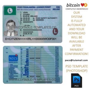 provisional learner ireland driver licence template, editable in  photoshop. psd fake template, pay by bitcoin, paypal or card